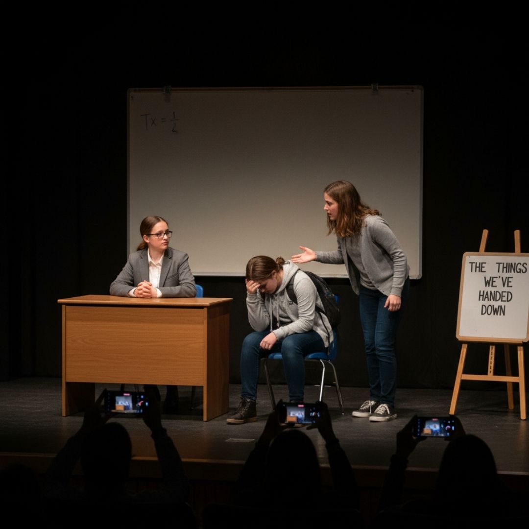 A play happening on stage with three students
